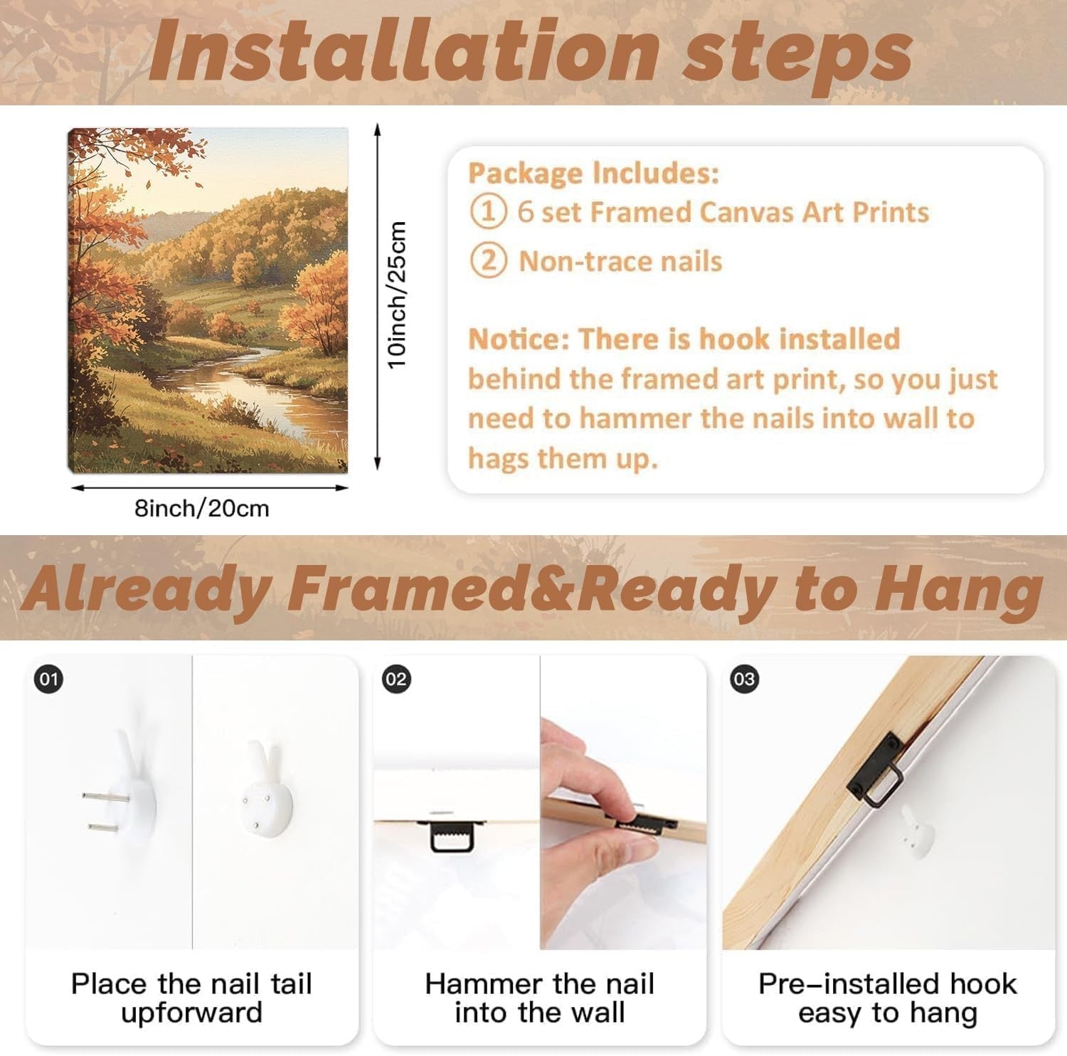 Autumn Landscape Framed Canvas Wall Art Set of 6 Rustic 20x25cm