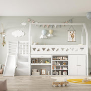 White Wooden Bunk Bed with Slide & Storage Stairs, Kids Loft Frame 90x190