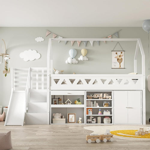 White Wooden Bunk Bed with Slide & Storage Stairs, Kids Loft Frame 90x190
