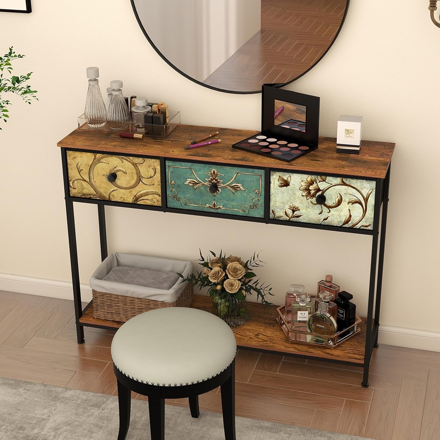 Slim Hallway Console Table with Drawers & Shelf – Rustic Wood Metal Frame