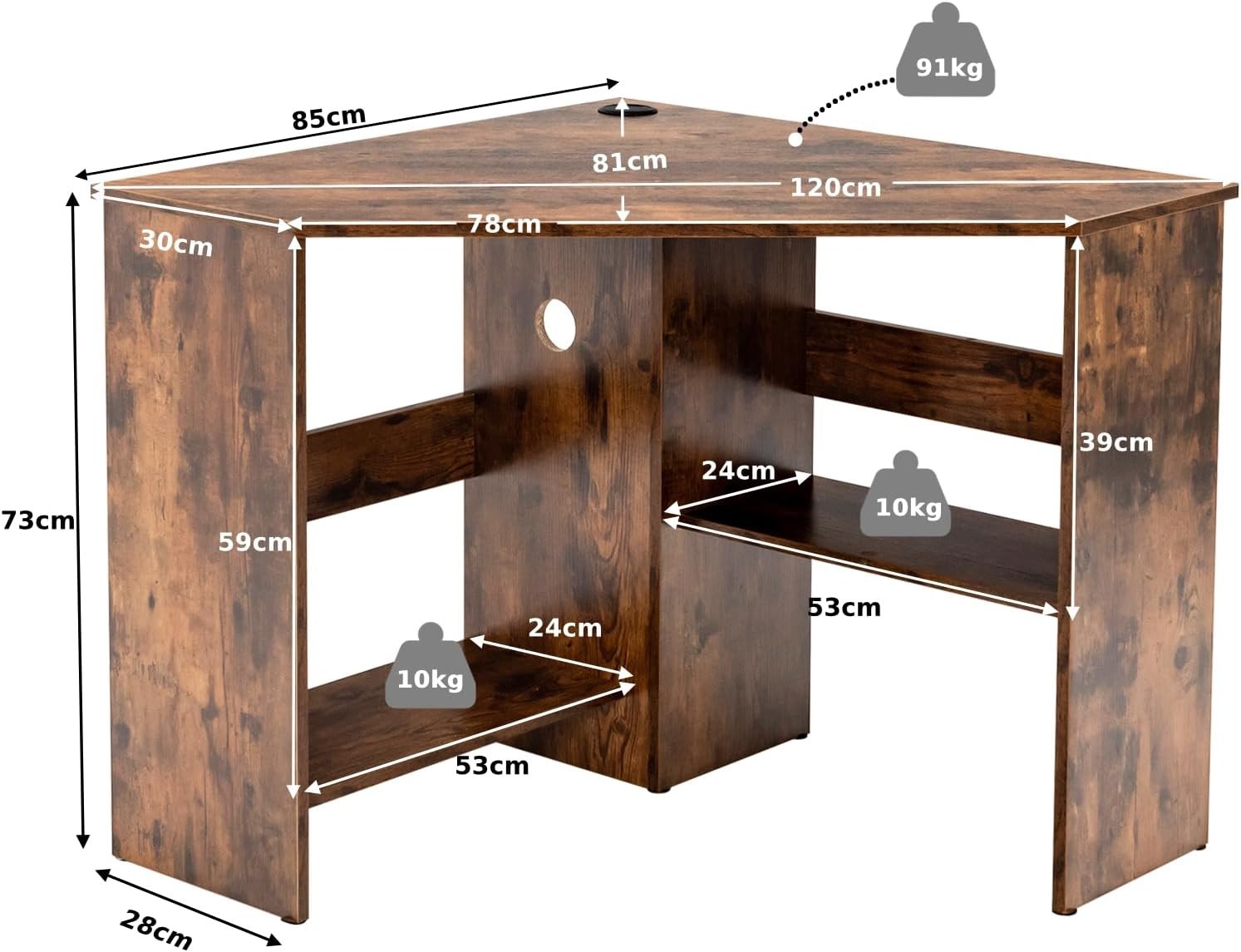 Rustic Brown Corner Computer Desk with Shelves & Cable Holes, 120cm