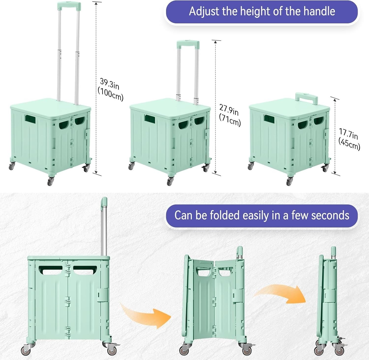 65L Foldable Shopping Trolley 4 Wheel Utility Cart with Lid Green