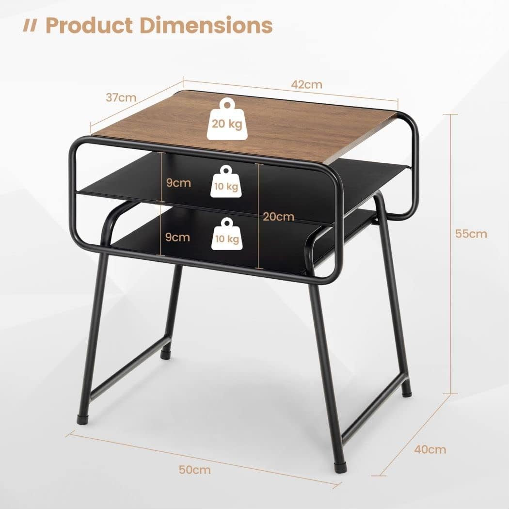 3-Tier Modern Side Table | Metal Frame Sofa End Table with Storage Shelves 40×51