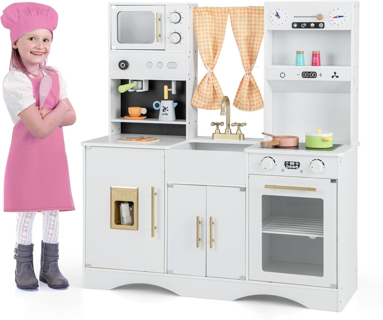Retro Wooden Kids Play Kitchen Ice Maker Coffee Station Toy Set