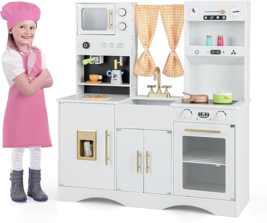 Retro Wooden Kids Play Kitchen Ice Maker Coffee Station Toy Set