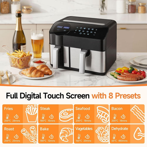 Dual Zone Air Fryer 9.5L 2 Drawers, 8-in-1 Presets, RapidAir 2400W, Touch Screen