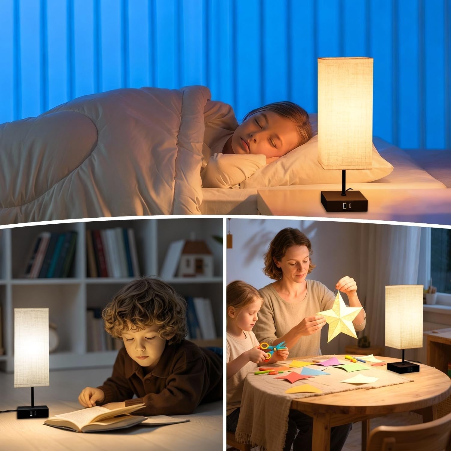 Touch Bedside Lamps Set of 2 USB A+C Dimmable Fabric Shade Nightstand