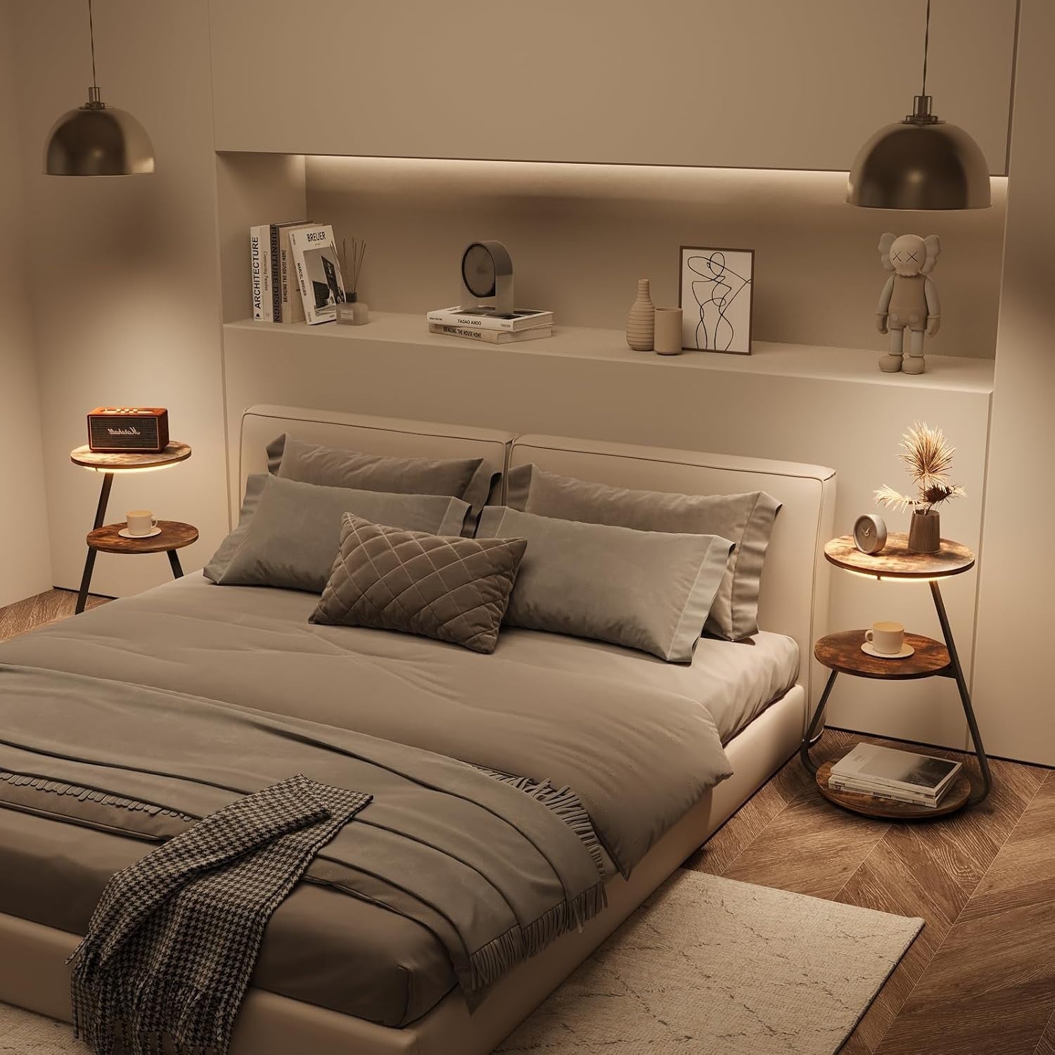 Round Side Table with LED Lights & 3 Tiers – End Bedside Coffee Table