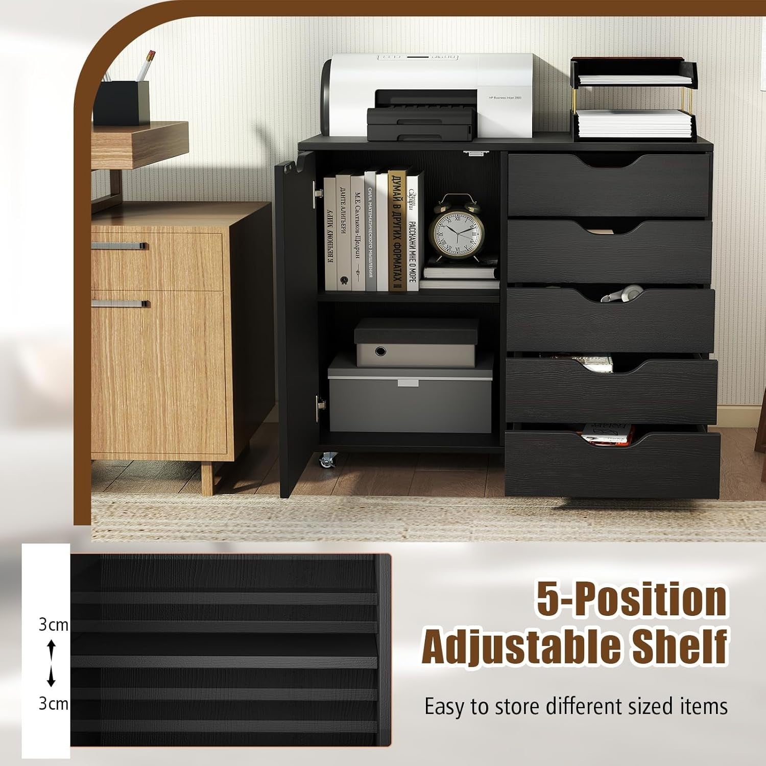 Black 5 Drawer Mobile File Cabinet 78x40x65cm Printer Stand