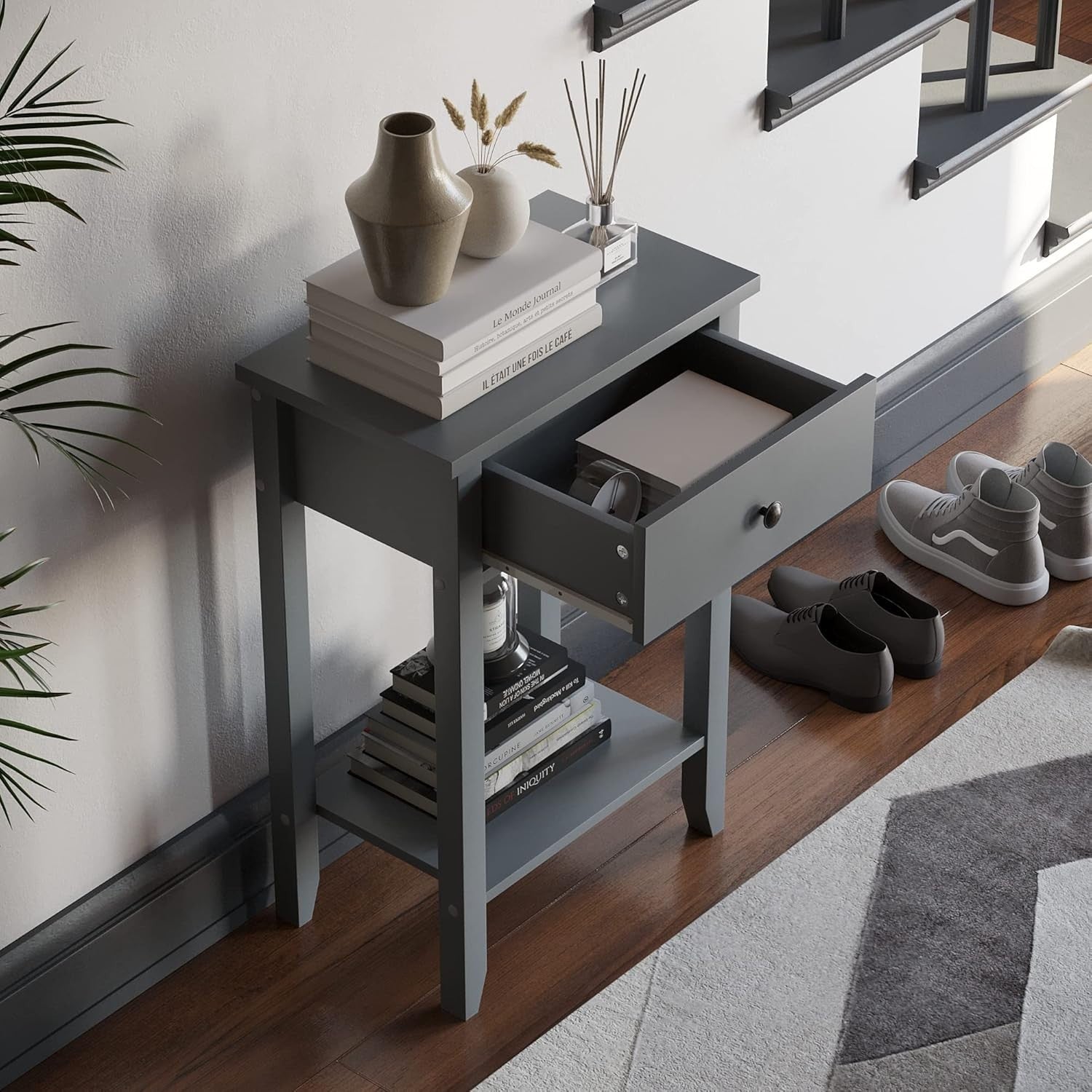 Grey Console Table with 1 Drawer & Undershelf – Space-Saving Hallway Storage