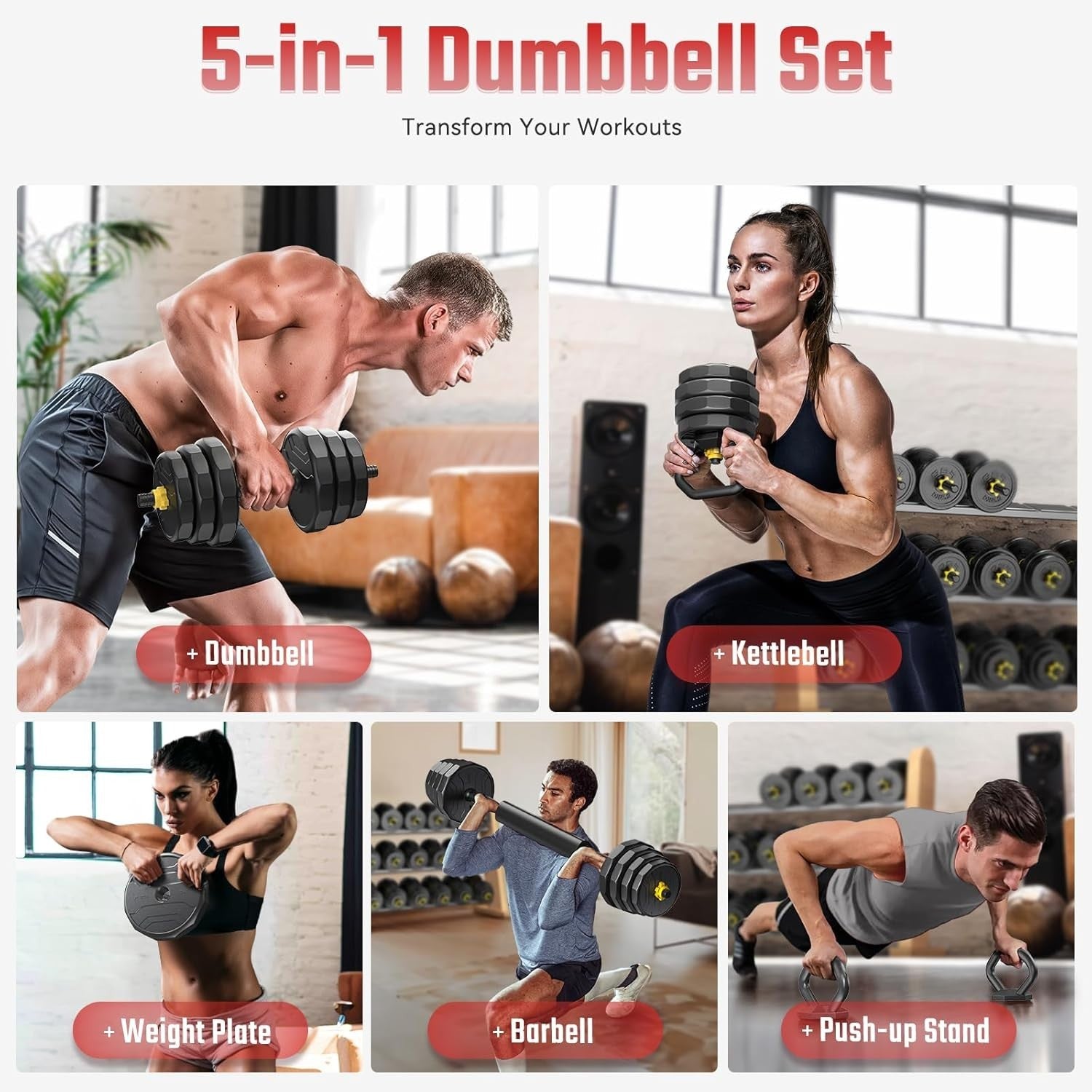 27kg Adjustable Dumbbell Set 5-in-1 Home Gym Barbell Kettlebell Weights