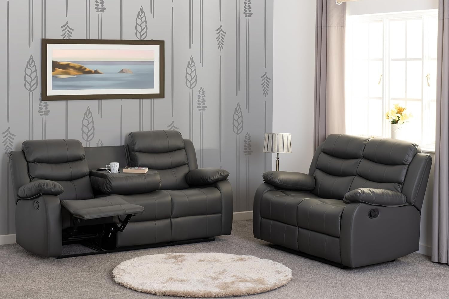3+2 Seater Recliner Sofa Set Faux Leather Grey Lounge Suite Home Cinema