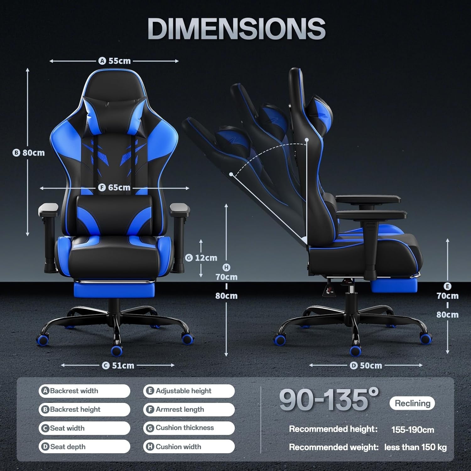 Ergonomic Gaming Chair w/ Footrest 2D Armrests PU Leather Blue