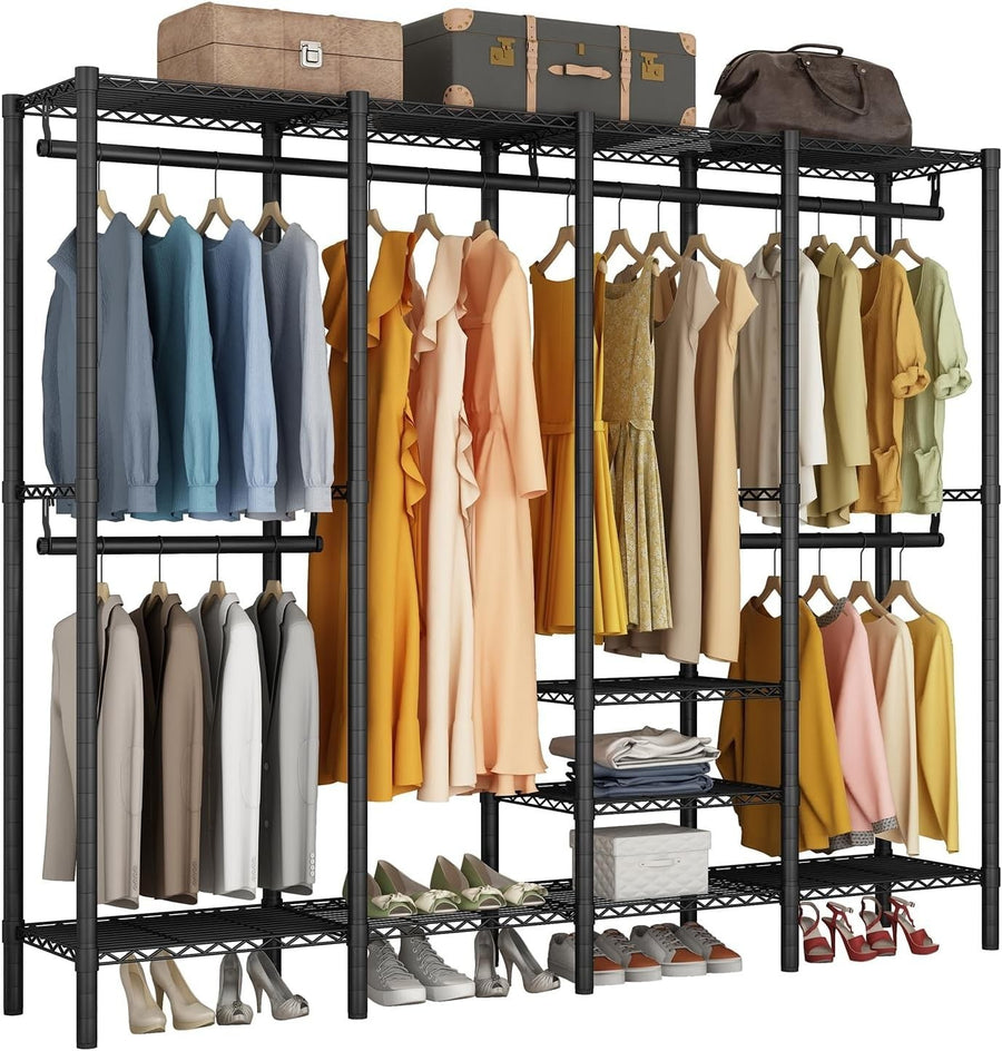 Heavy Duty Clothes Rail 4 Rod Adjustable Shelves Wardrobe Black
