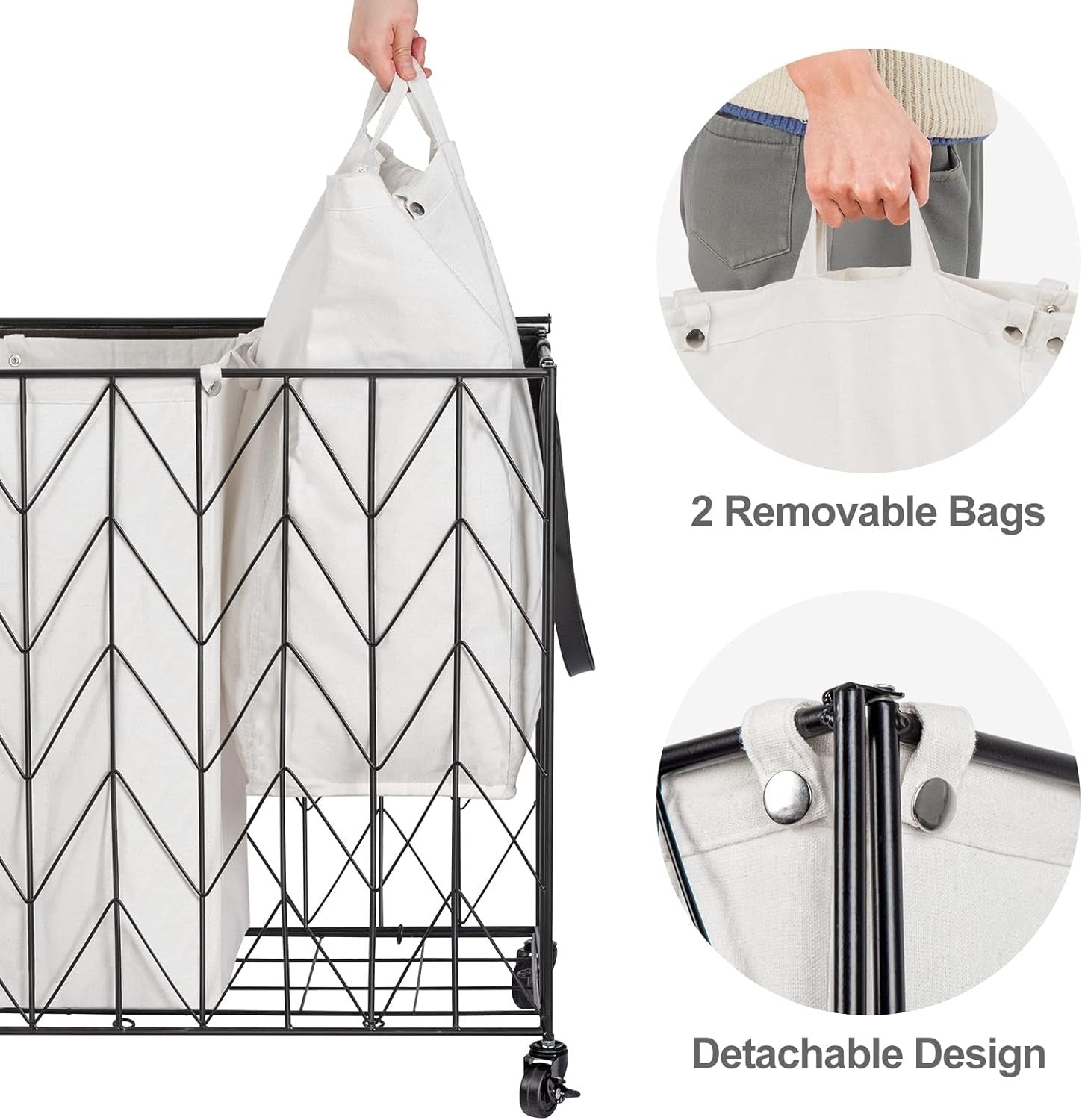 115L Laundry Hamper Beige with Wheels Wood Lid Heavy Duty Basket Removable Bag