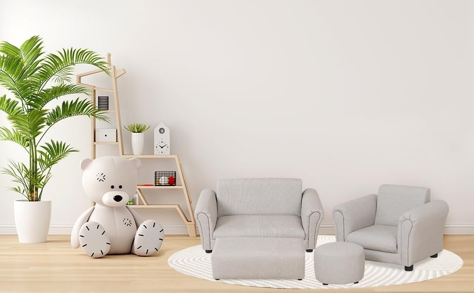 Toddler Armchair with Footstool – Kids Grey PVC Leather Sofa Chair