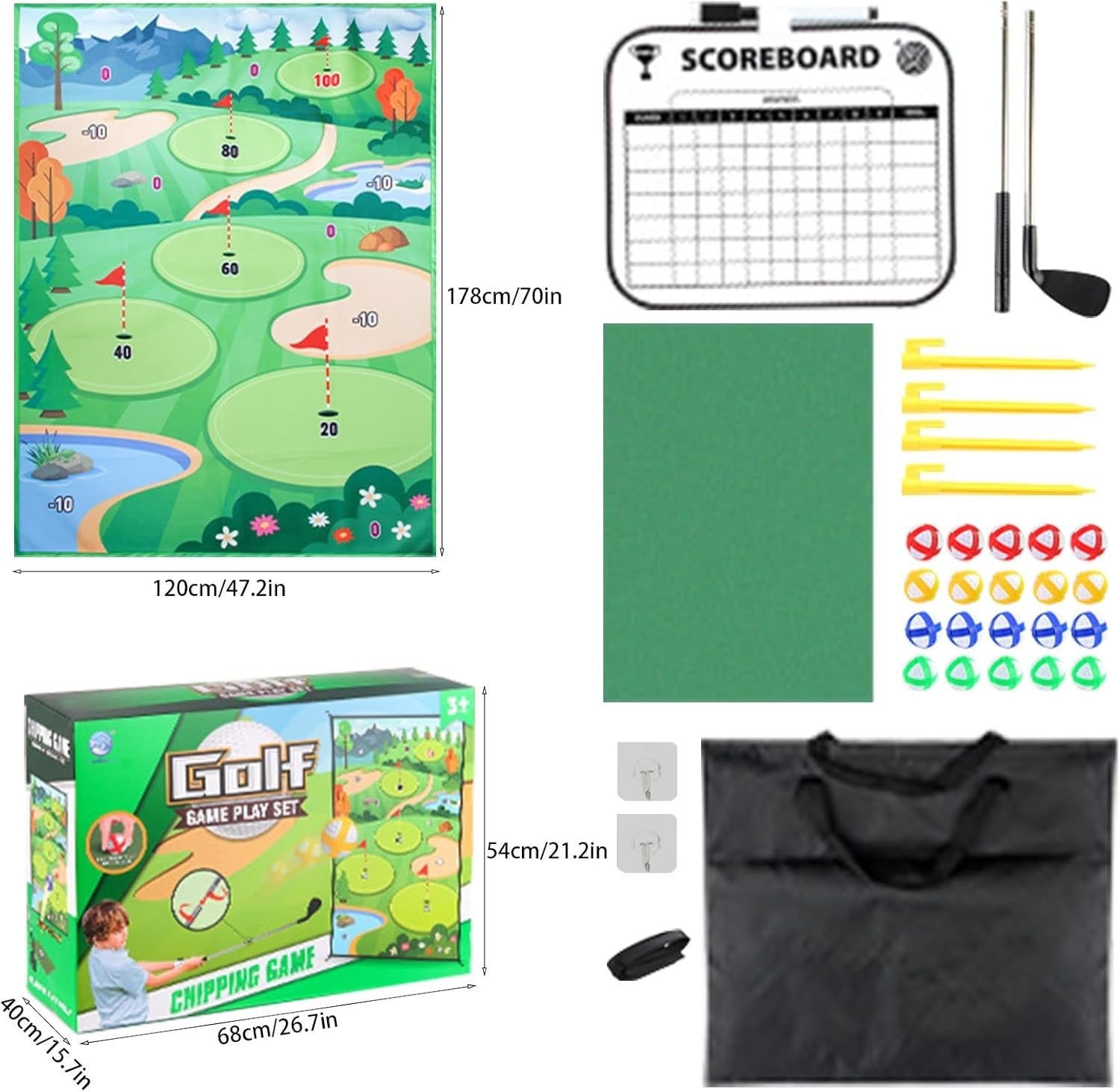 Golf Hitting Practice Mat Indoor Outdoor Training Kit with Tees & Carry Bag