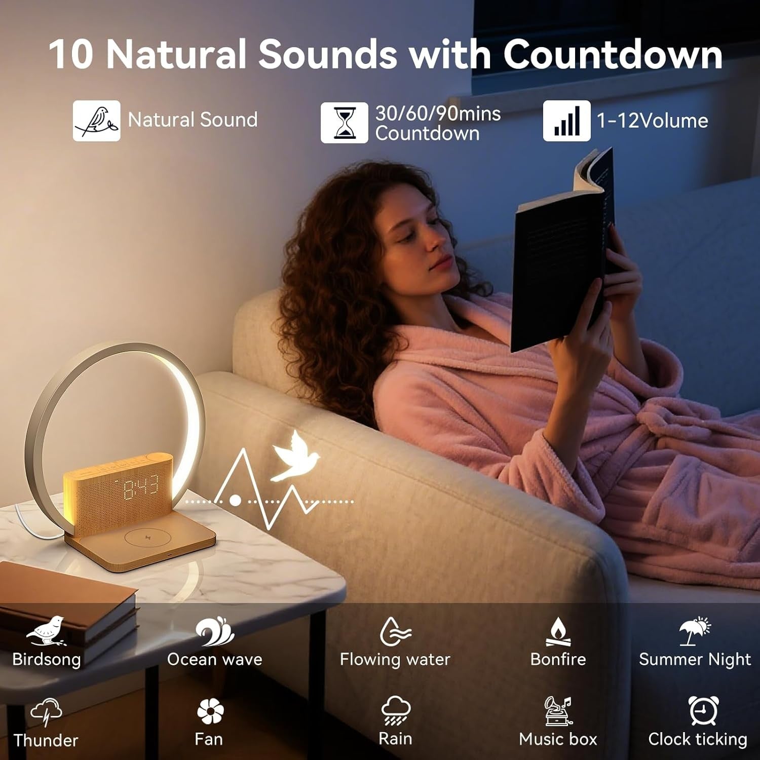Wake Up Light Sunrise Alarm Clock Wireless Charger Touch Bedside Lamp
