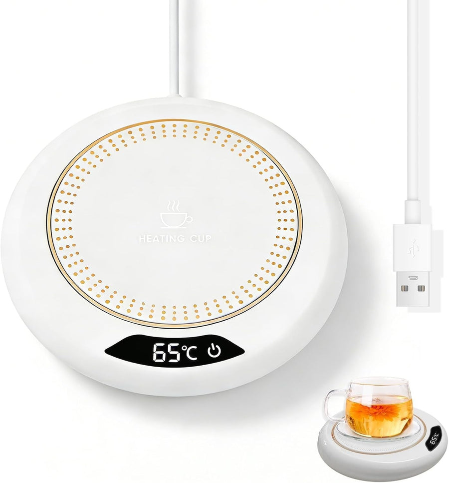 White USB Coffee Mug Warmer 3 Temp LED Desk Cup Heater