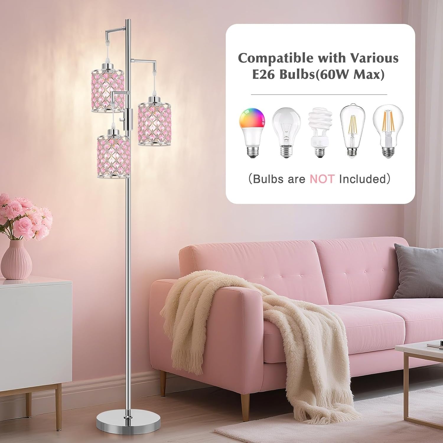 Crystal Floor Lamp 3 Light Pink Standing Lamp Tall Luxury Bedroom Light