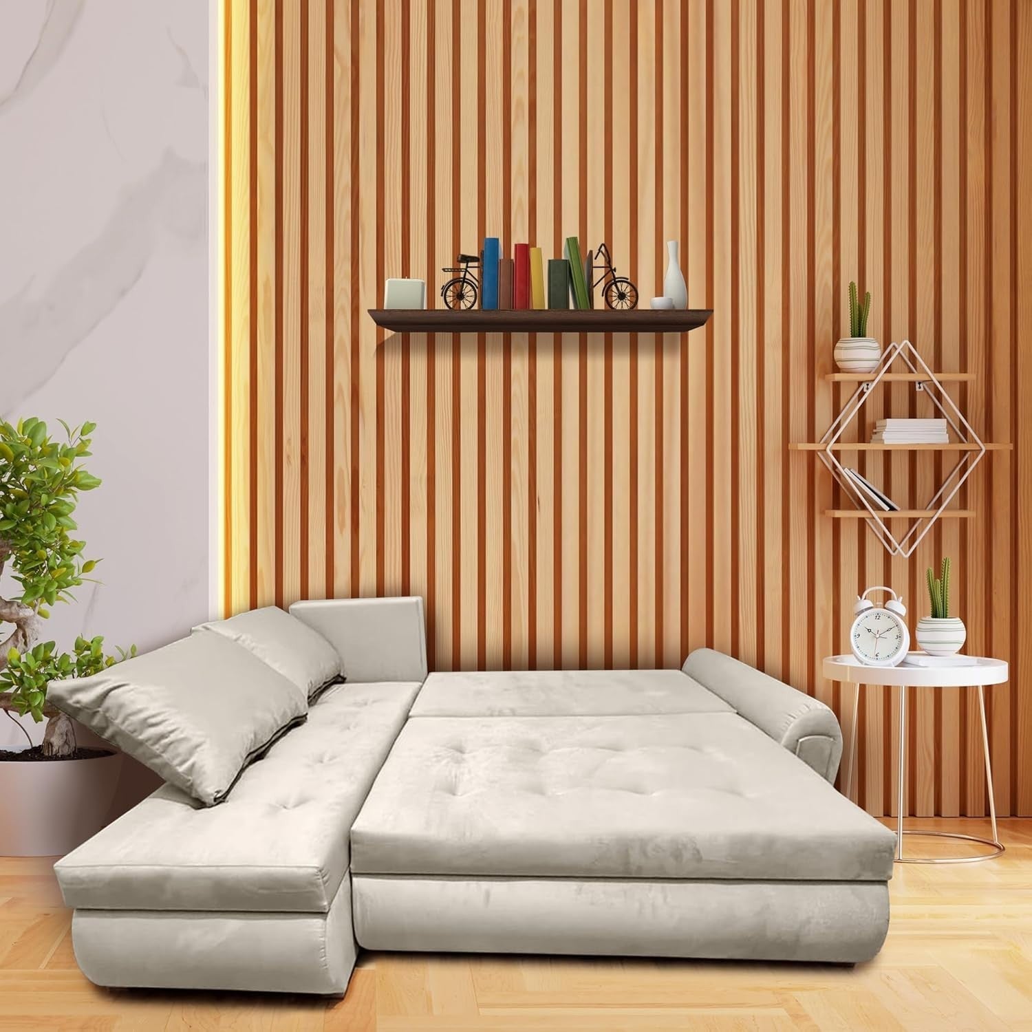 Cream L-Shape Sofa Bed w/ Pull-Out Sleeper & Storage Velvet 4 Seater Couch