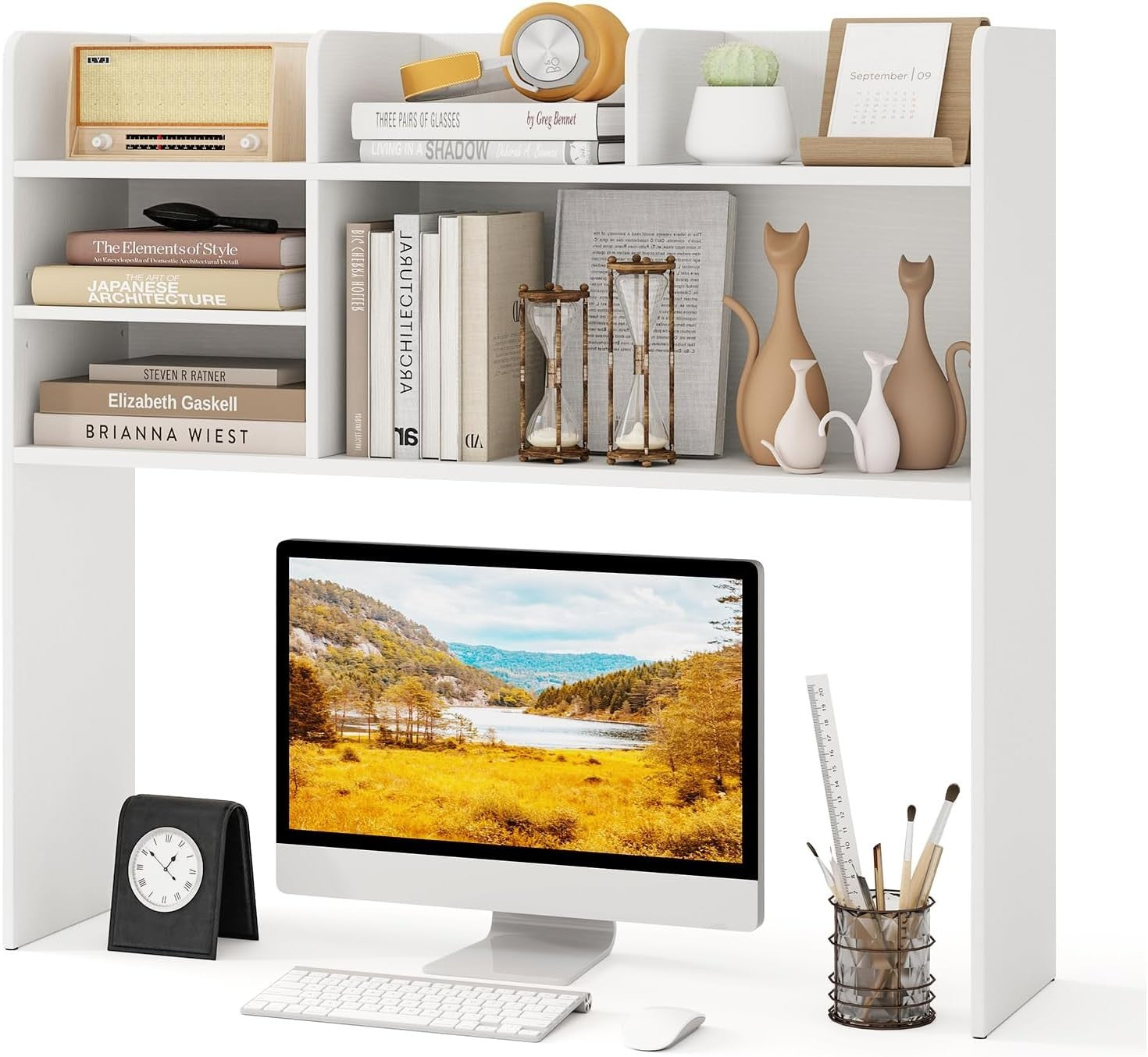 White Desktop Bookshelf Hutch 6-Shelf Monitor Storage Rack Adjustable