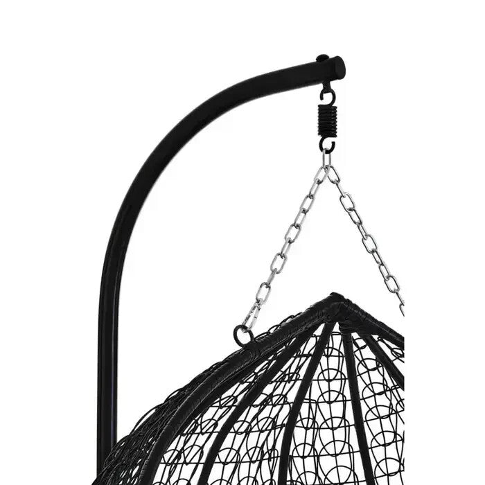 Double Hanging Egg Chair Black Rattan Swing Seat with Grey Cushions Outdoor