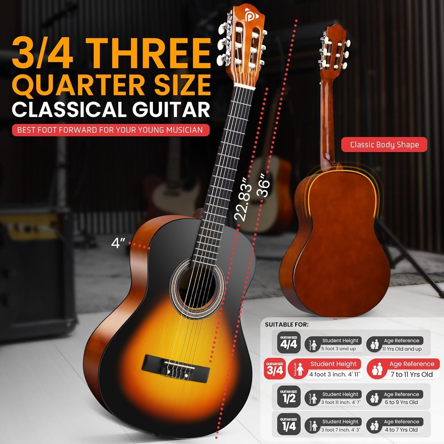 3/4 Junior Classical Acoustic Guitar 36in Starter Kit Sunburst