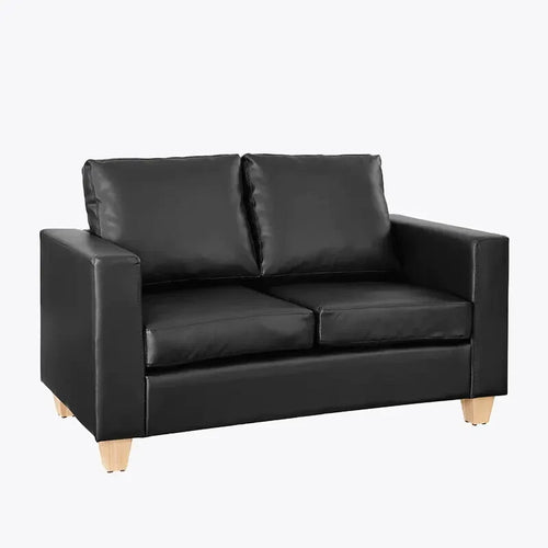Black Faux Leather 2 Seater Sofa Modern Compact Couch Solid Wood Legs