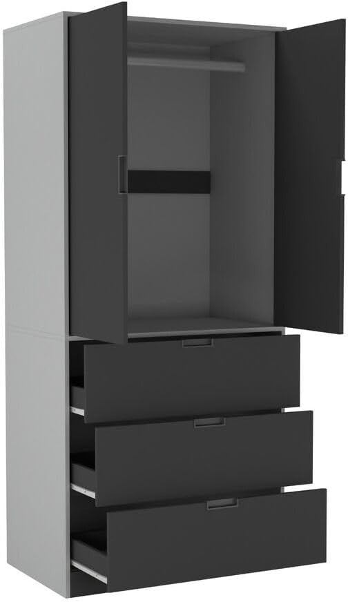 Modern Grey Wardrobe 2 Door 3 Drawer with Rail Shelf Storage 180cm