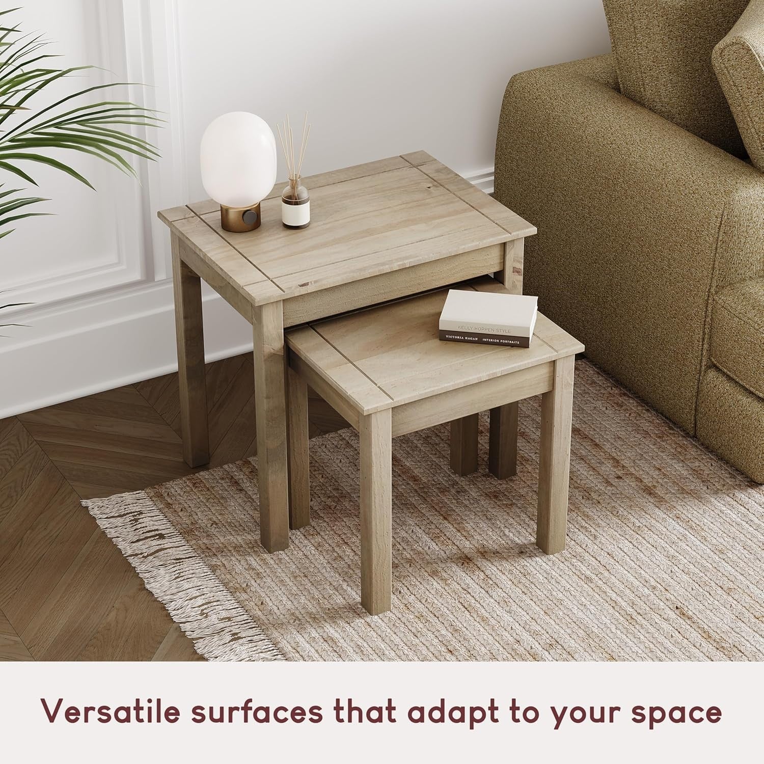 Modern Nesting Coffee Side Tables Pine Wood Living Room Furniture Beige New