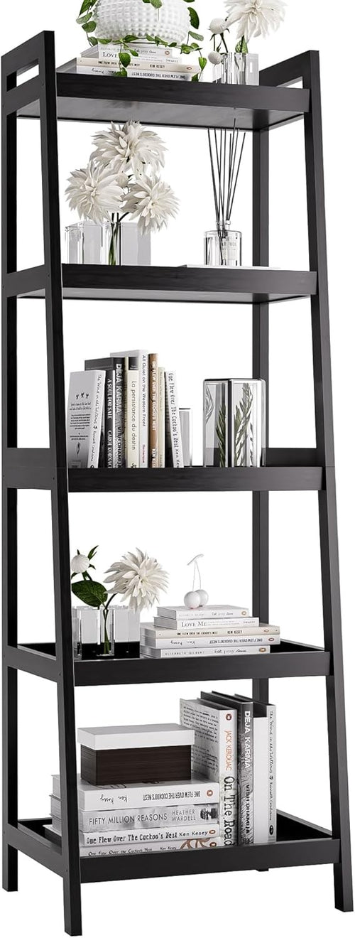 Black 5-Tier Ladder Bookcase, Tall Narrow Bamboo Frame Display Storage Shelf