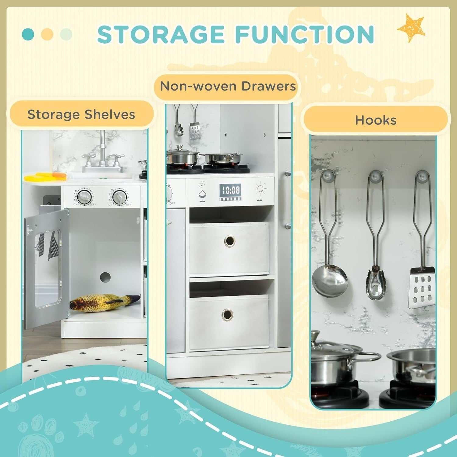 Wooden Kids Play Kitchen White w/ Lights Sounds Ice Maker Set