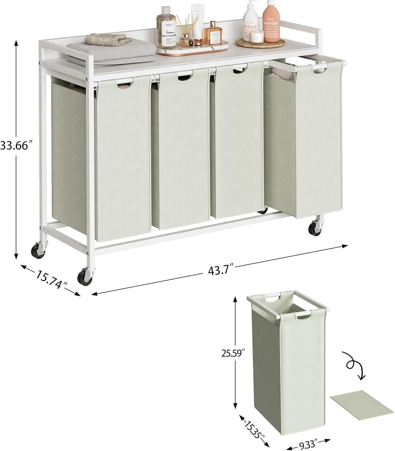 4 Section Laundry Basket with Shelf White Removable Bags Wheels 240L Modern