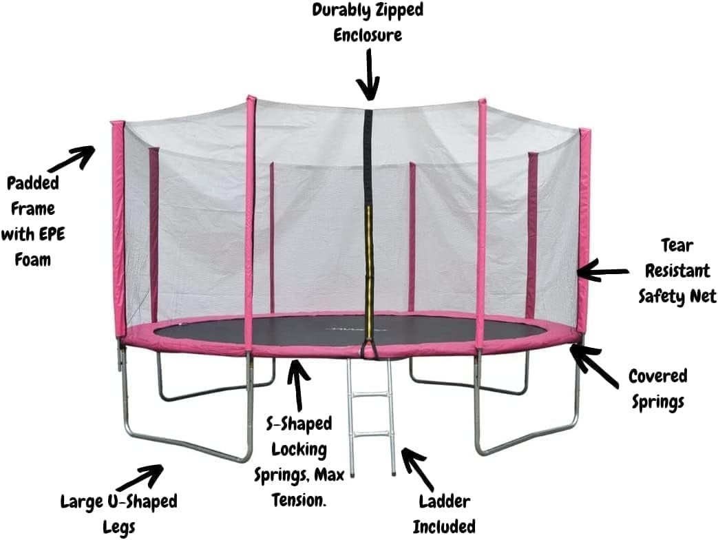 12FT Outdoor Garden Trampoline Safety Net Ladder Padded Poles Pink