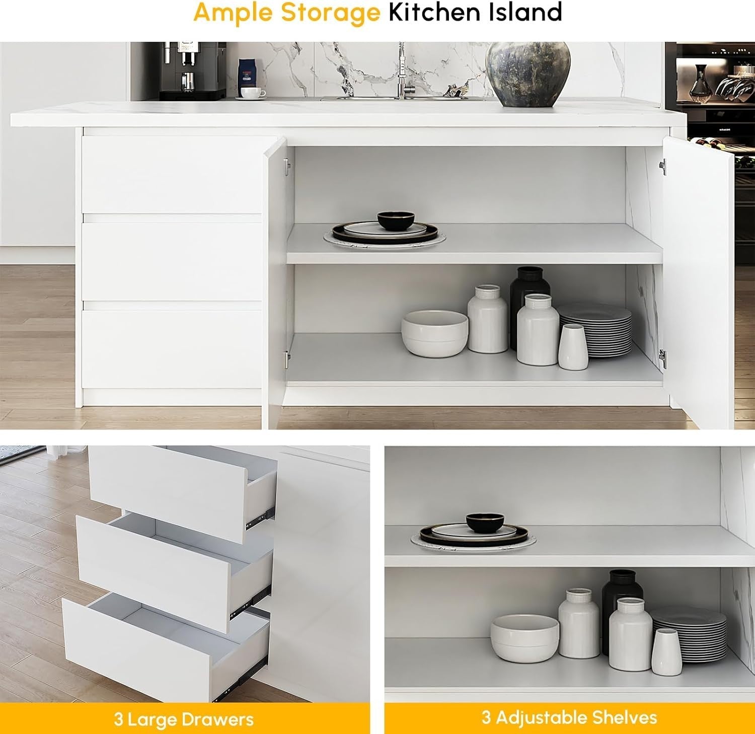 183cm White Kitchen Island with Marble Effect Top, 3 Drawers & 8 Storage Shelves