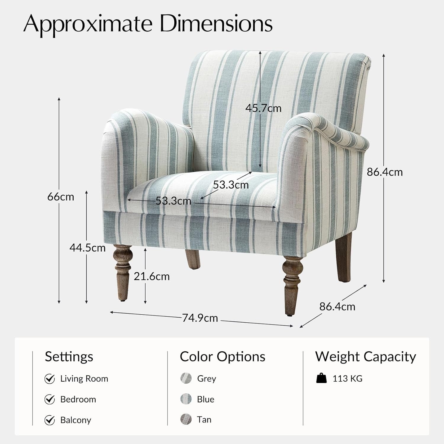 Striped Blue Accent Chair Upholstered Armchair for Living Room Bedroom