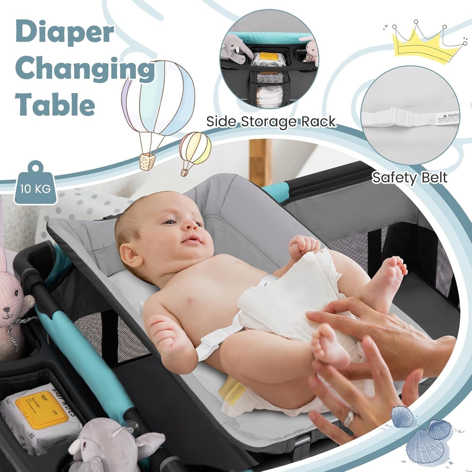 4in1 Travel Cot Baby Bedside Foldable Crib Bassinet Portable Playard Mint Green