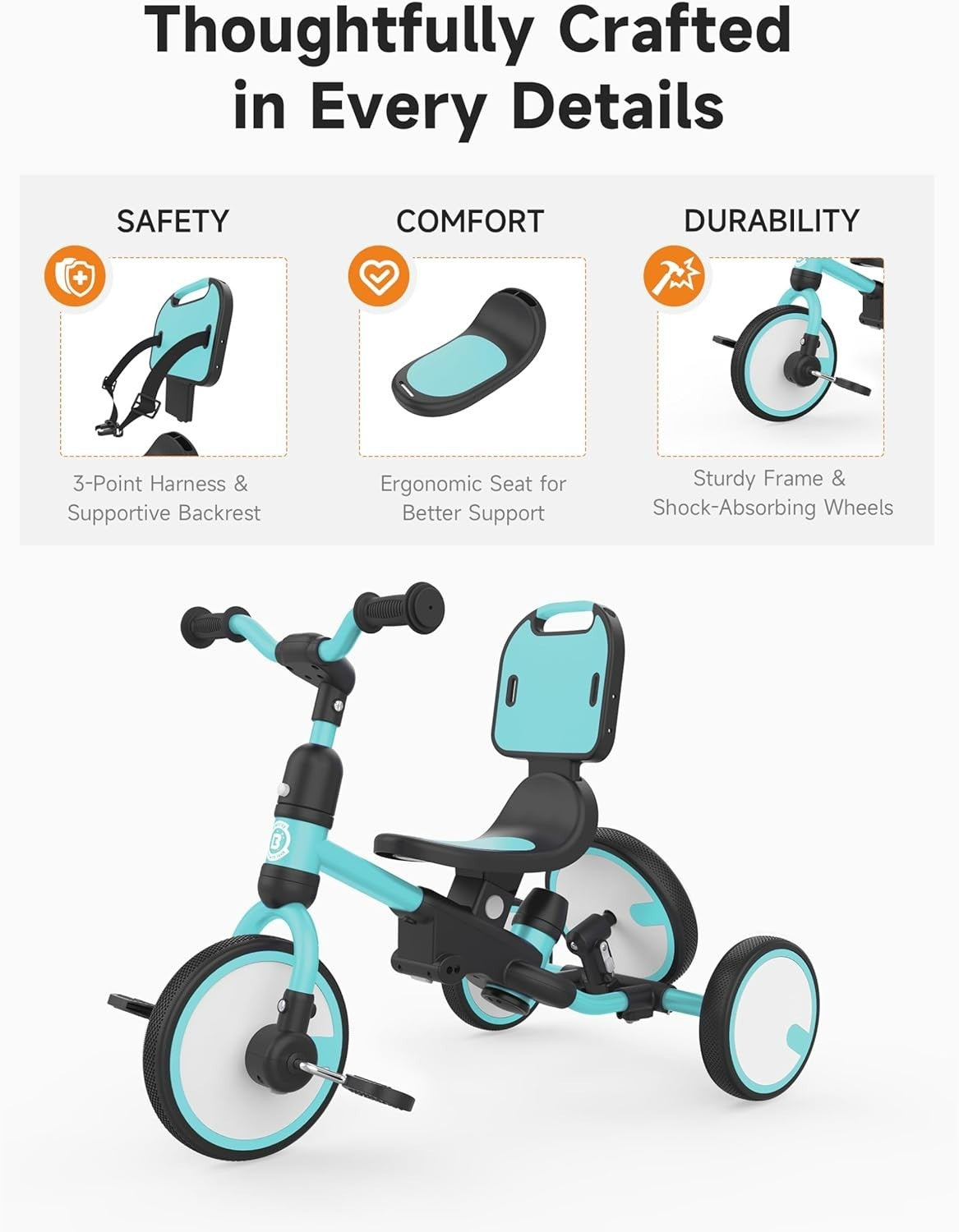 5 In 1 Kids Tricycle Push Handle Balance Bike Safety Harness Toddler