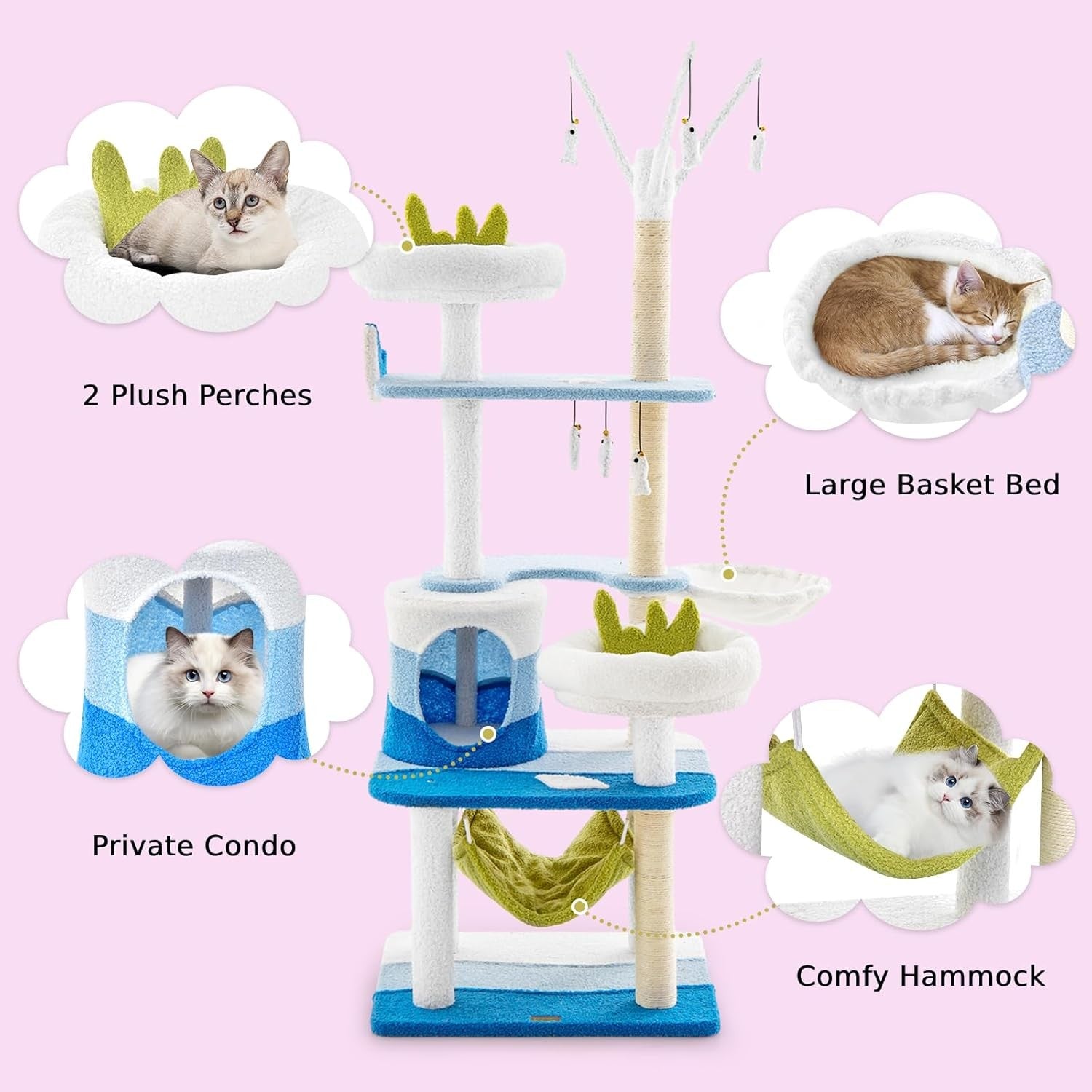165cm Blue White Cat Tree Multi-Level Condo Hammock Sisal Scratching Tower