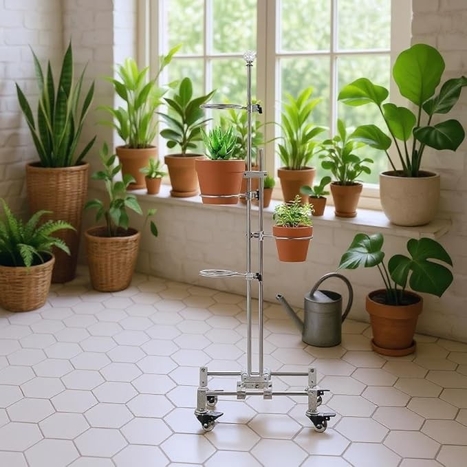 Metal Plant Stand with Wheels 4 Pot Clips Adjustable Tall Indoor Flower Rack