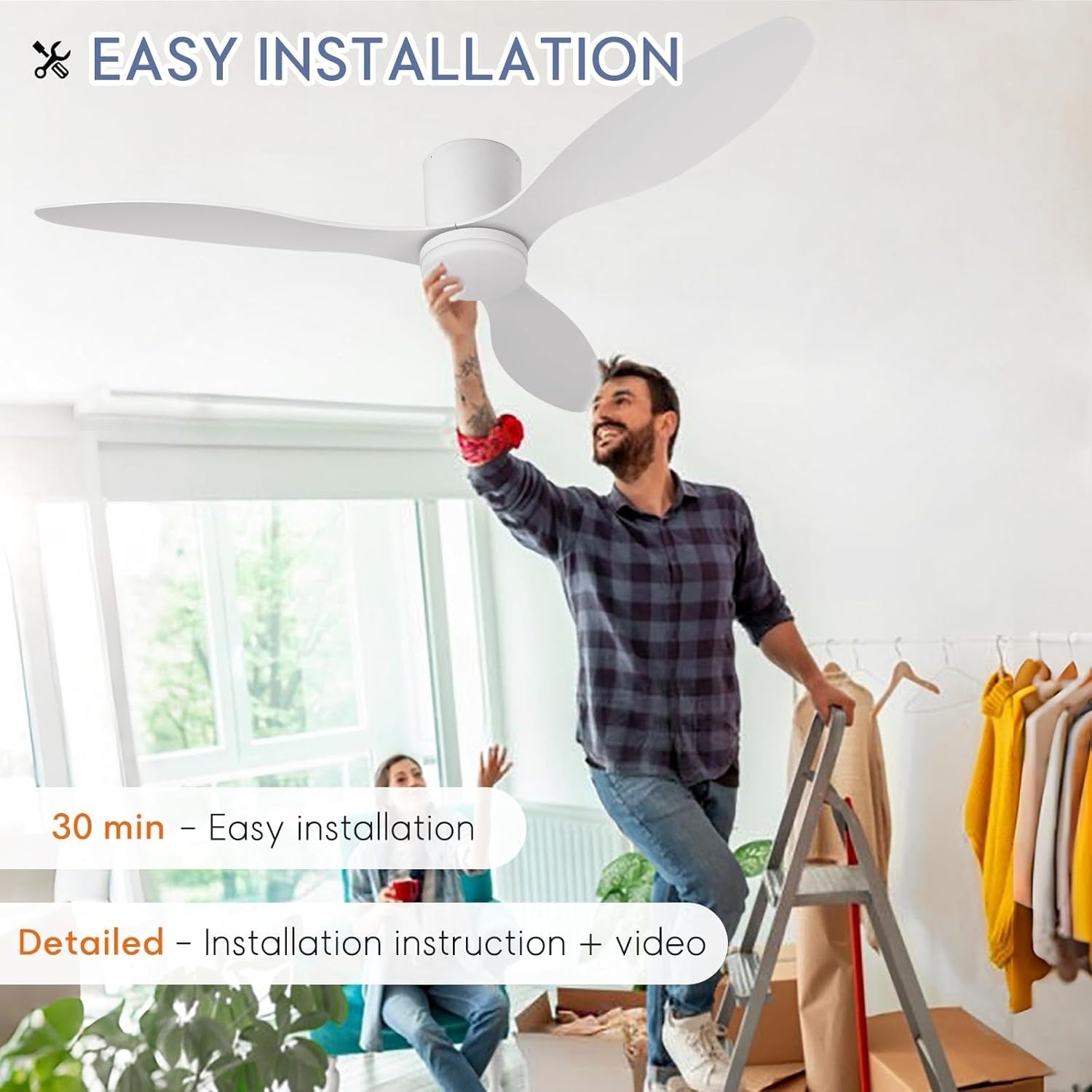 AQLEDY 52" Ceiling Fan with Light, 6-Speed, Remote, Reversible, White-Wood