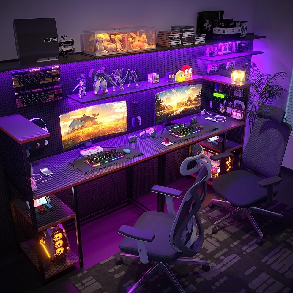 Gaming 120x50cm Desk w/RGB LED, Power Hub, Pegboard & Reversible Shelf Black