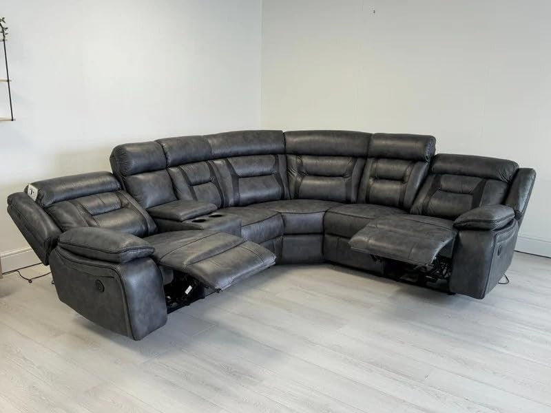 Luxury Grey Leather Electric Recliner Corner Sofa w/ Cupholders & USB