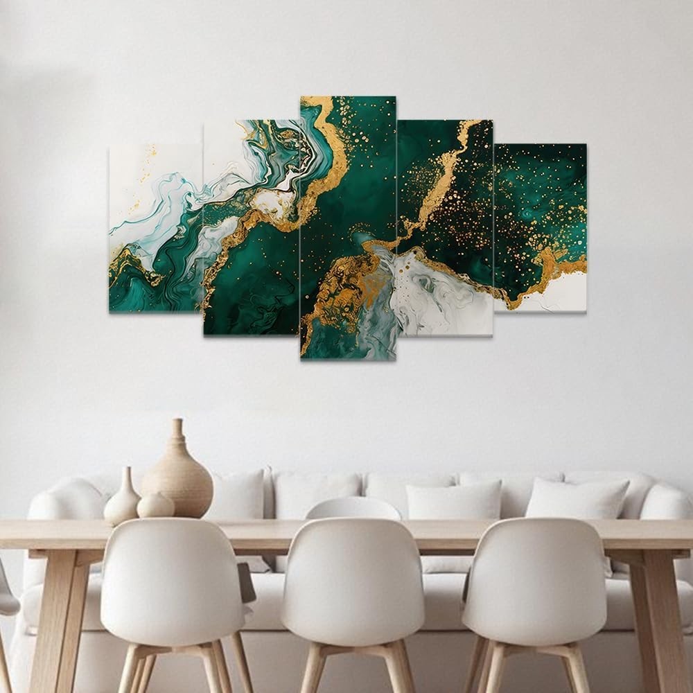 Green Gold Abstract Canvas Wall Art 5 Panel Framed Set
