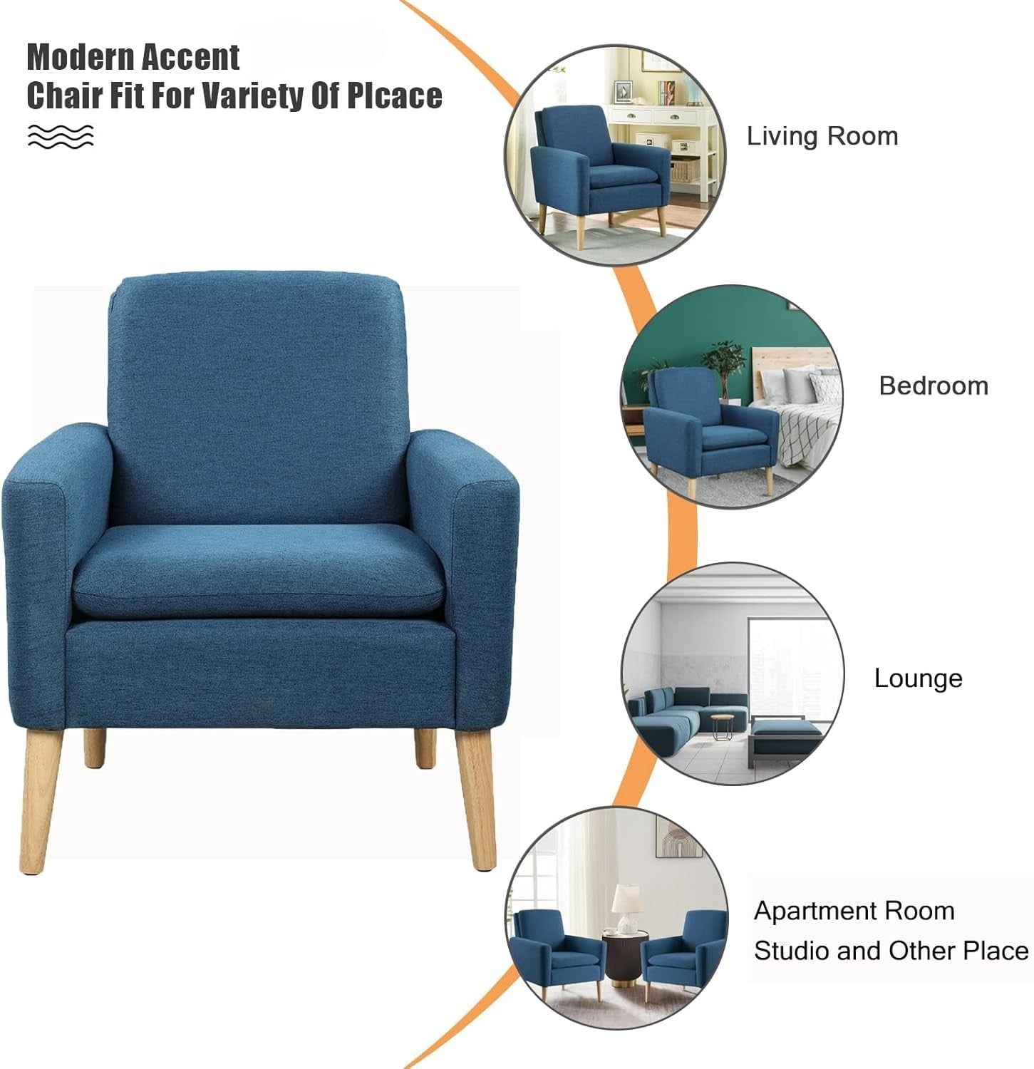 Blue Lounge Armchair Upholstered with Wood Legs for Living Room Bedroom