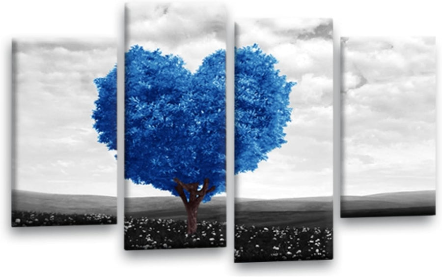 Blue Heart Tree Canvas Wall Art 4 Panel Framed 111x69cm