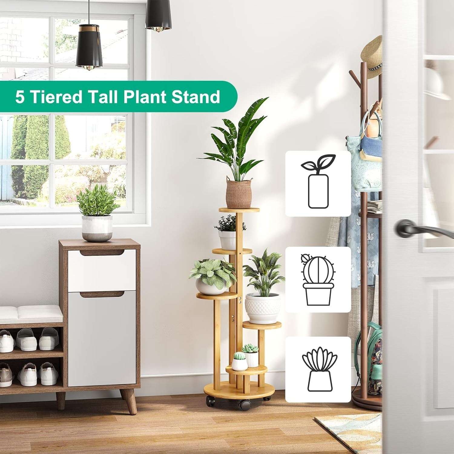 5 Tier Natural Bamboo Plant Stand with Wheels Indoor Outdoor Corner Shelf
