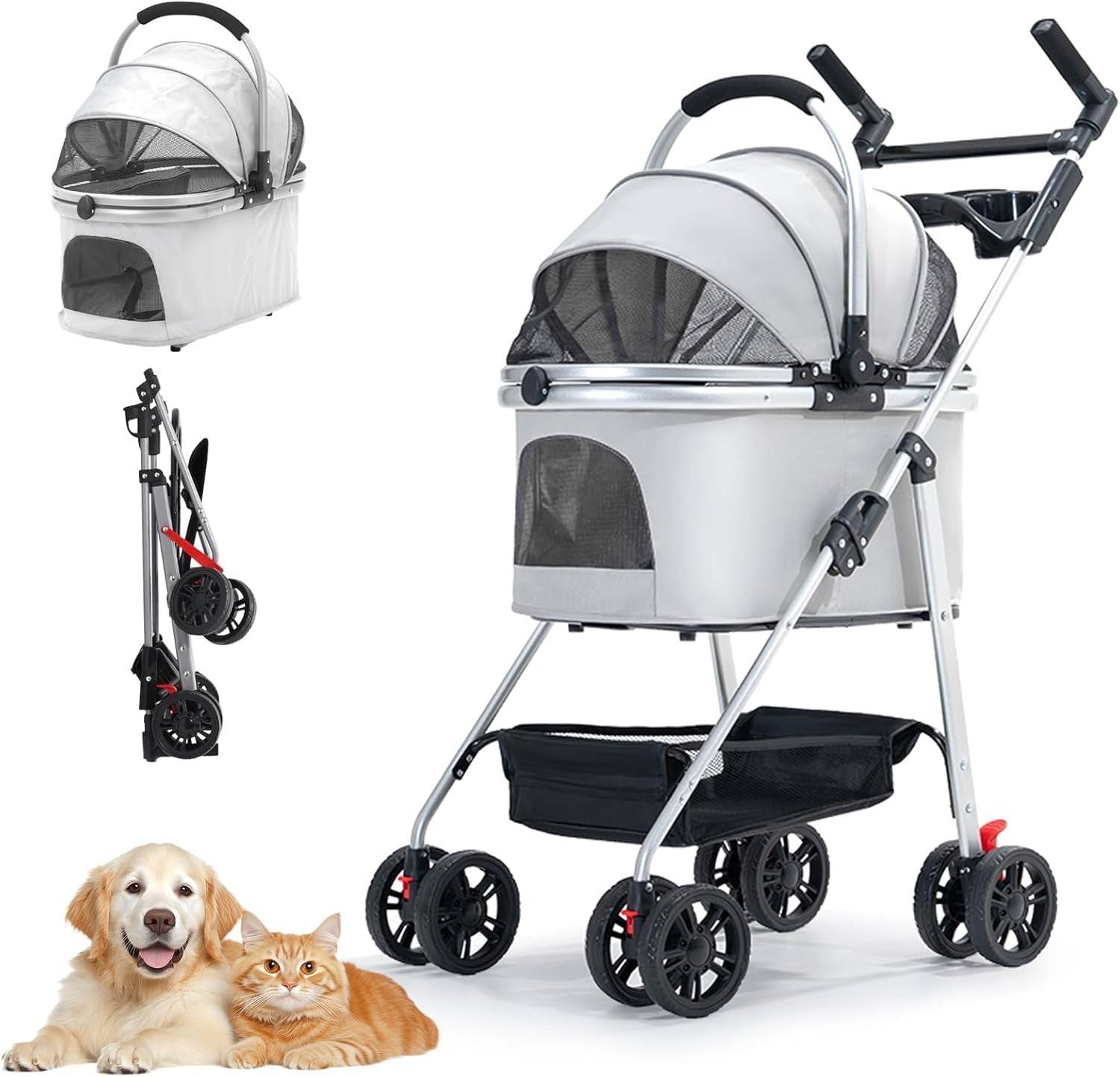 Pet Travel Stroller 3 in 1 Dog Cat Pushchair Folding Carrier Pram Grey