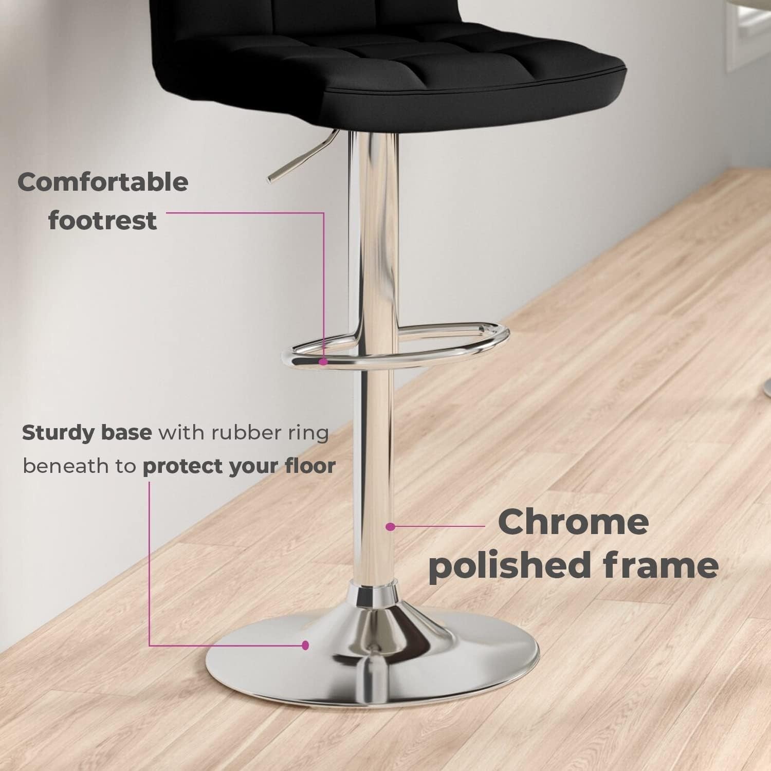 Adjustable Swivel Bar Stools Set of 2 | Black Faux Leather Chrome